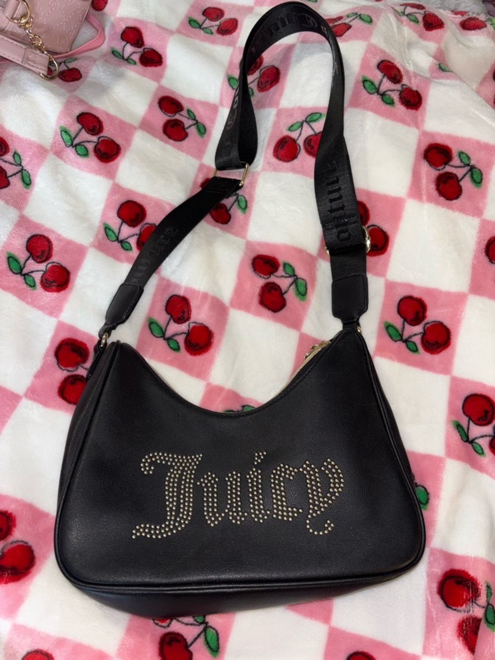 Juicy Couture Black Studded Logo Shoulder Bag with Wide Strap